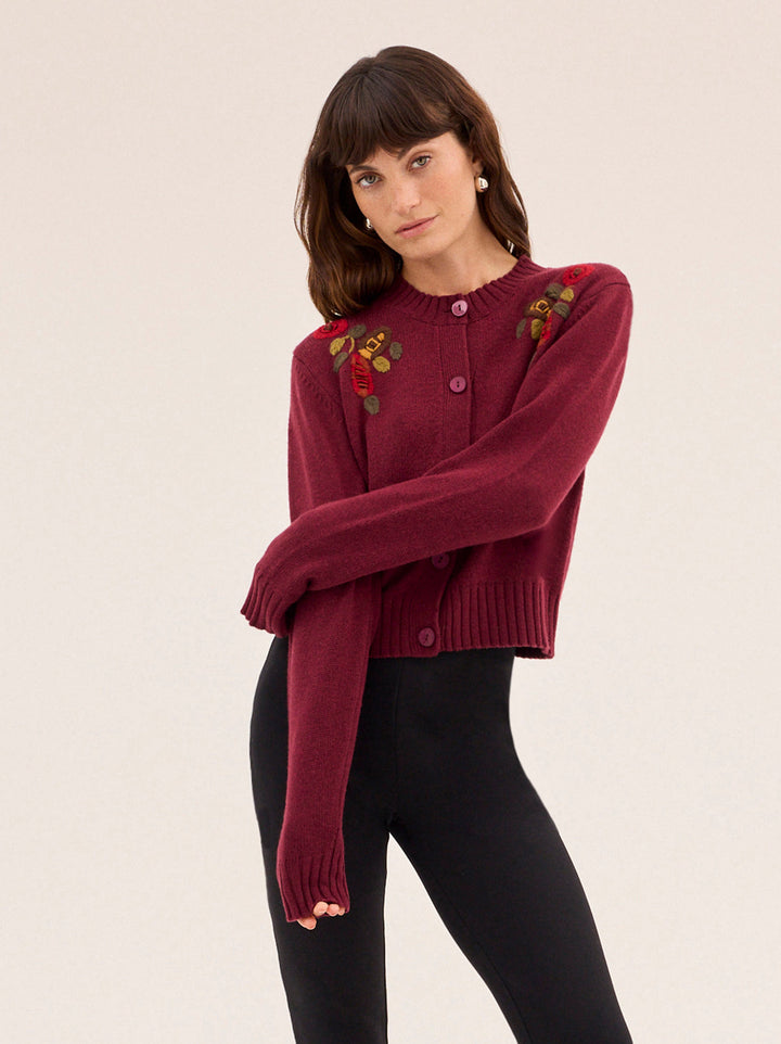 Isla Burgundy Hand-Embroidered Cardigan