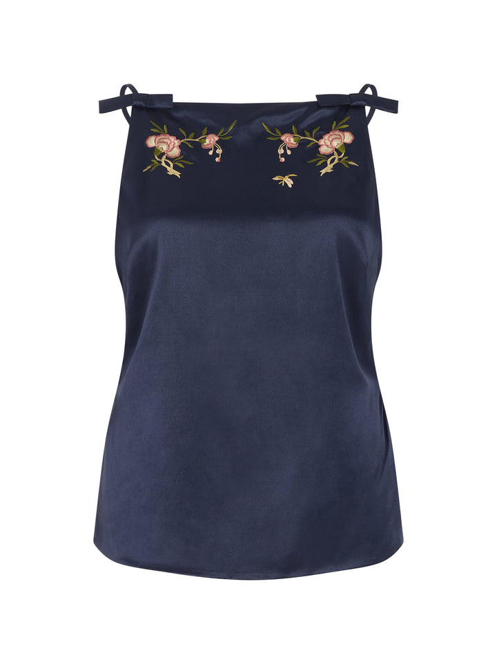 Josie Navy Satin Embroidered Top