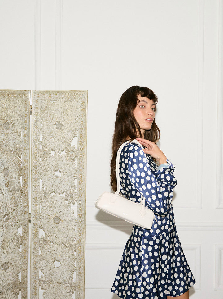 Stefania Navy Polka Dot Satin Mini Dress