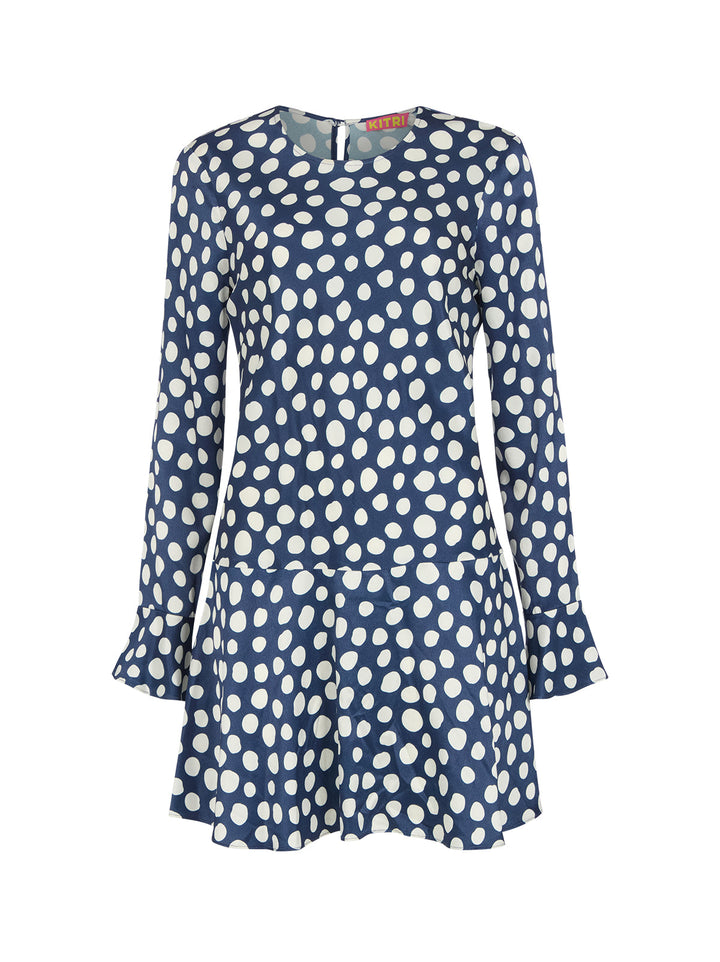 Stefania Navy Polka Dot Satin Mini Dress